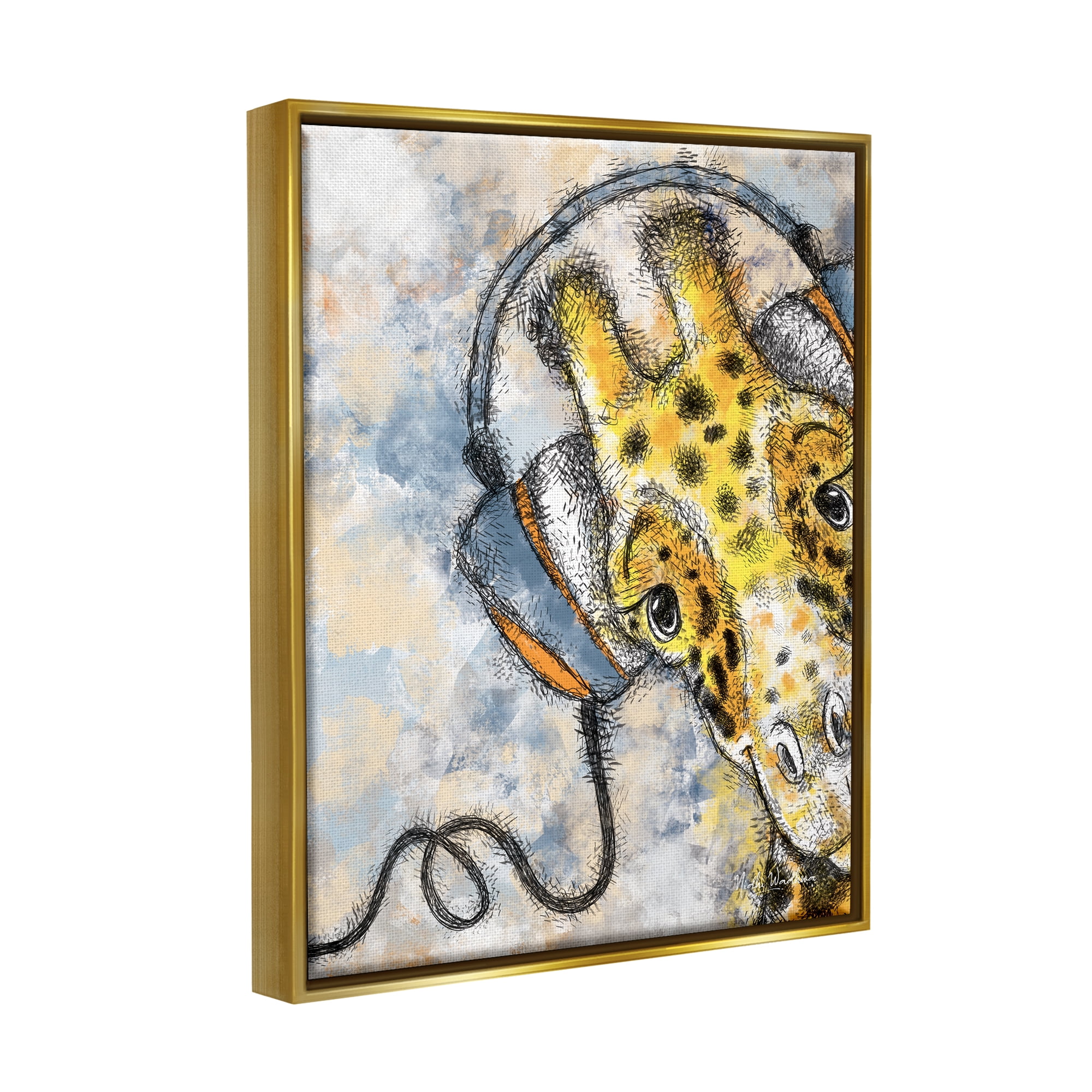 Stupell Industries Giraffe with Headphones Animals & Insects Painting Gold Floater Framed Art Print Wall Art, 25 x 31