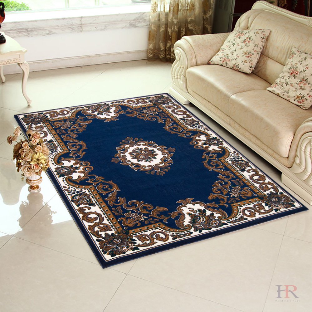 Hr Navy Blue Area Rug.Traditional/Contemporary/Floral Design. Navy Blue