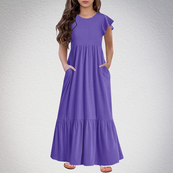 Fashion Girls Summer New Short Sleeves Round Neck Solid Color Dress Girls Overall Dress Resort Dresses For Girl