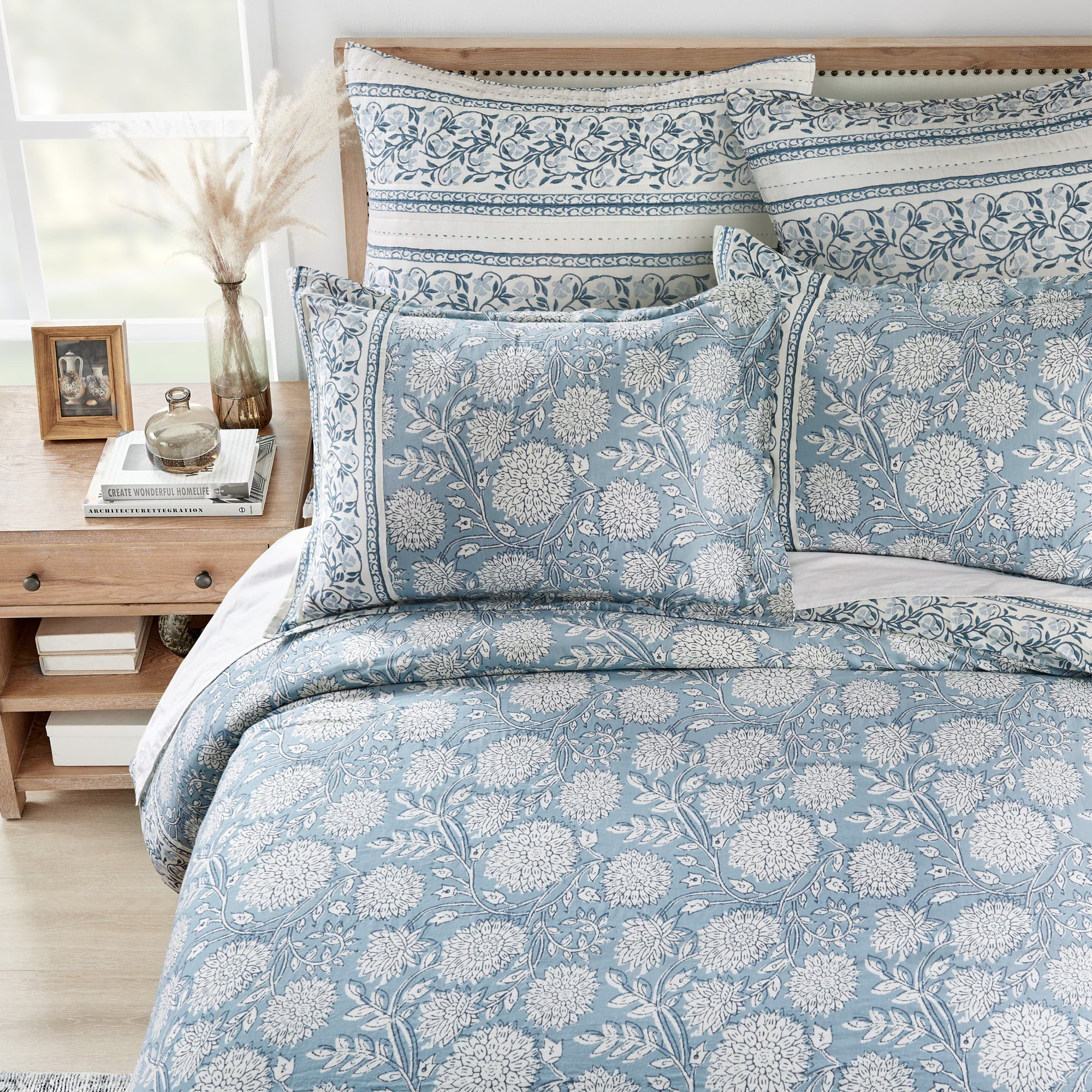 Levtex Home - Adare Blue Duvet Cover Set - Full/Queen Duvet Cover + Two Standard Pillow Cases - Bordered Floral - Blue, Navy and White - Duvet Cover (90 x 94in.) and Pillow Case (26 x 20in.) - Cotton