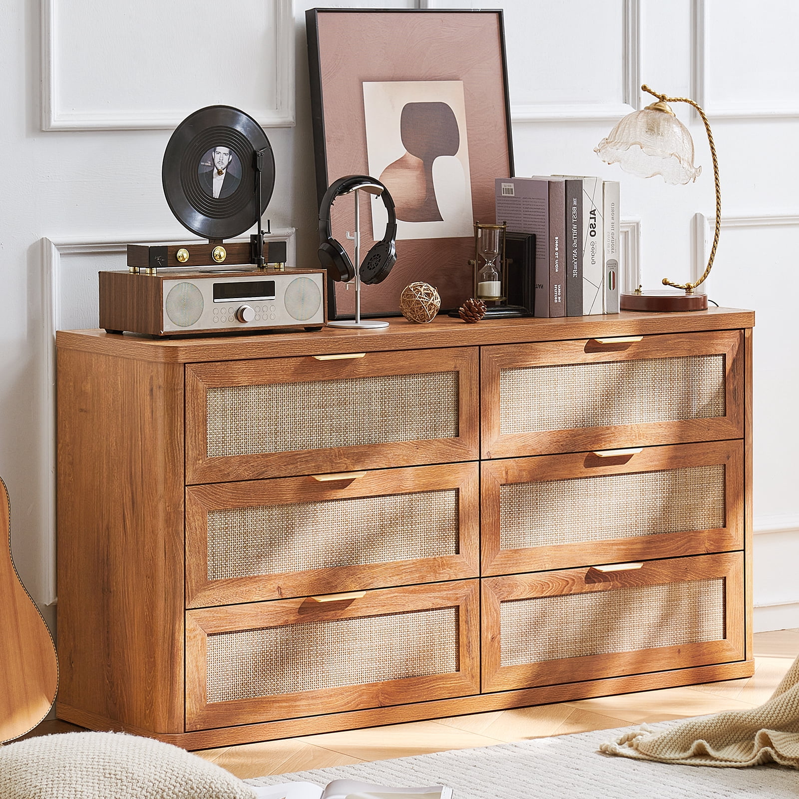 6 Drawer Dresser for Bedroom Set of 2, Boho 54" Wide Brown Dresser Chest of Drawers, Dressers TV Stand with Metal Handle, Storage Dressers Closet for Living Room