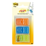 Post-it® Message Flags, "Sign Here", Orange, Blue, Green, .94 in. Wide, 60 Flags/Pack