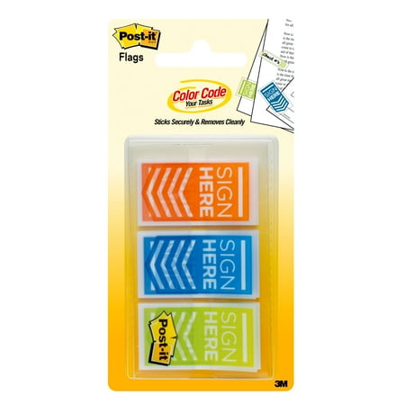 Post-it® Message Flags, "Sign Here", Orange, Blue, Green, .94 in. Wide, 60 Flags/Pack