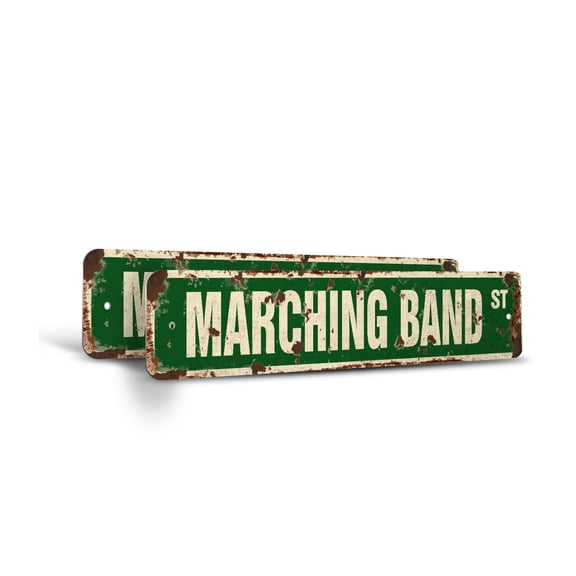 MARCHING BAND Vintage Style Rustic Street Sign – (2 Pack) High School Football Military Cheerleader Retro Decorative Wall Sign for Home, Bar, Garage, or Outdoor Use | 4" X 18" Aluminum