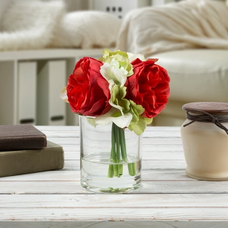 Faux Flowers In Vase Hydrangea and Rose Artificial Floral Arrangement with Vase and Faux Water- Fake Flowers for Home Decor, Shower Centerpiece by Pure Garden (Red) ()