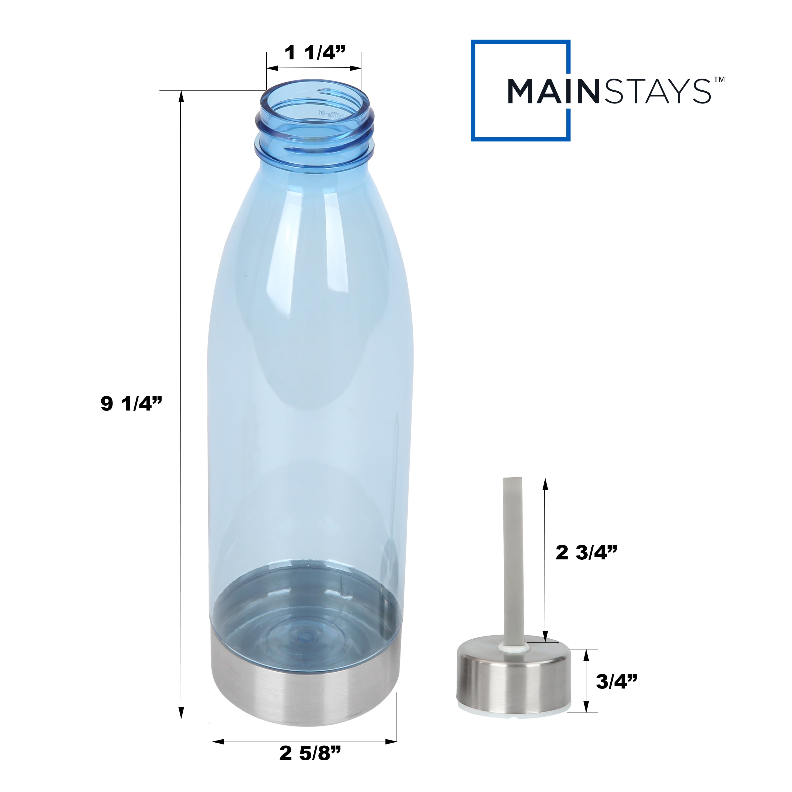 Mainstays 22oz (22 Fluid Ounces) Blue Plastic Water Bottle with Strap and Stainless Steel Lid