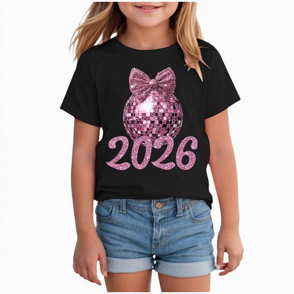 UngA Girls Short Sleeve T Shirts Kids Toddler Glitter 2026 Graphic Print Summer Tops Crewneck Basic Casual Loose Soft Tees Shirts (Black,7-8 Years)