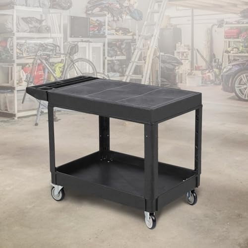 Utility Service Cart Flat top,2 Shelf Utility Cart,550 LBS Heavy Duty Plastic Rolling Utility Cart with 360°Swivel Wheels (2 with Brakes),2 Shelves Work Cart Ergonomic Storage Handle for Warehouse