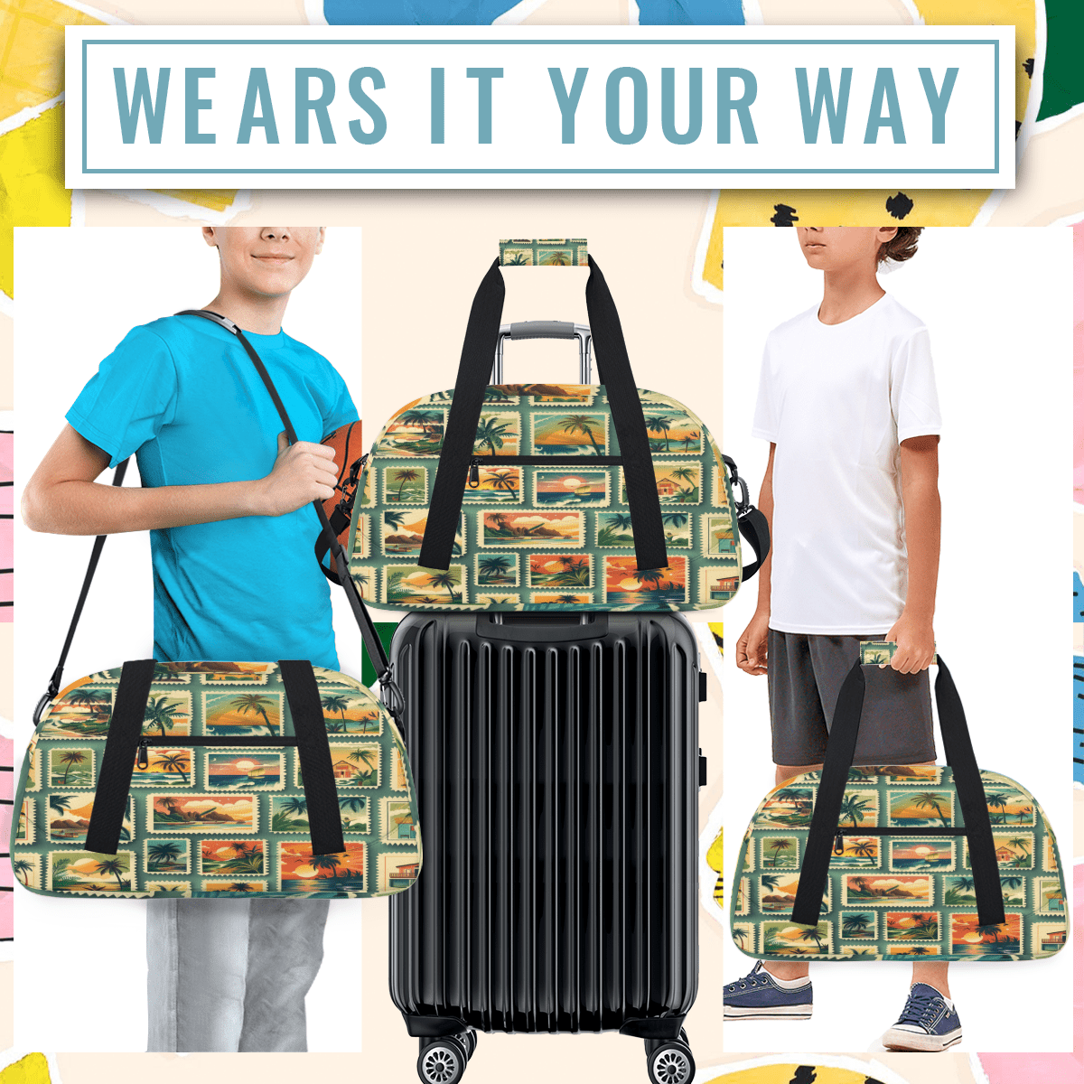 Herdesigns Tropical Beach Palm Tree Sports Duffle Bag for Women & Men, Summer Coastal Nautical Gym Bag Dance Bag Overnight Bag Carry On Weekender Travel Bag