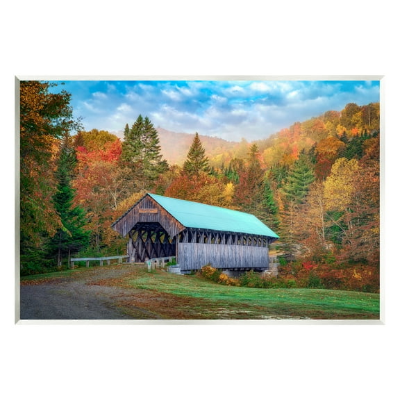 Stupell Woodland Covered Bridge Mountain Foliage Landscape Photography Wall Plaque Unframed Art Print Wall Art