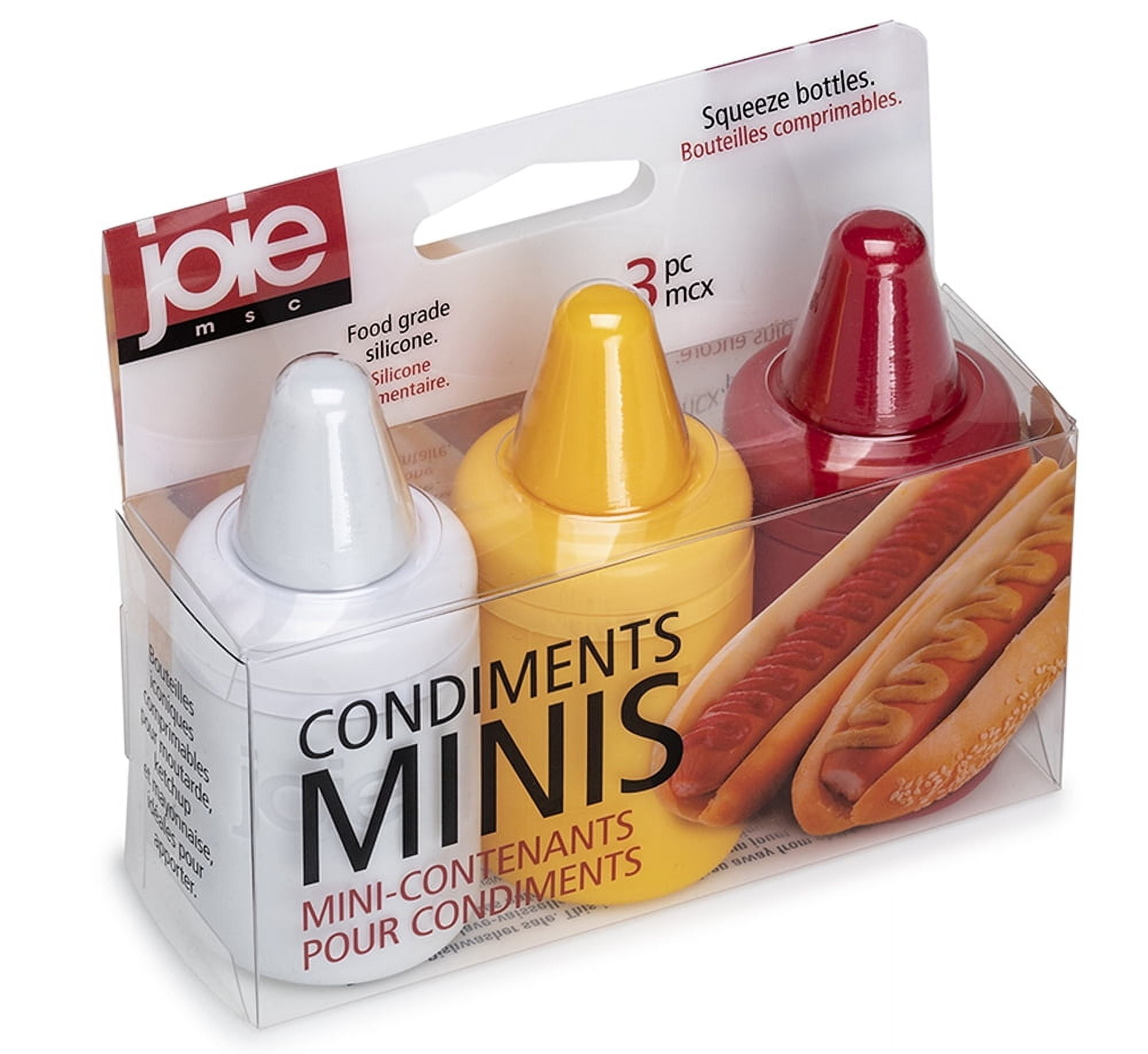 (3 pack) Joie Mini Condiment Containers, 3pc set. Refillable Red, White, and Yellow Bottles