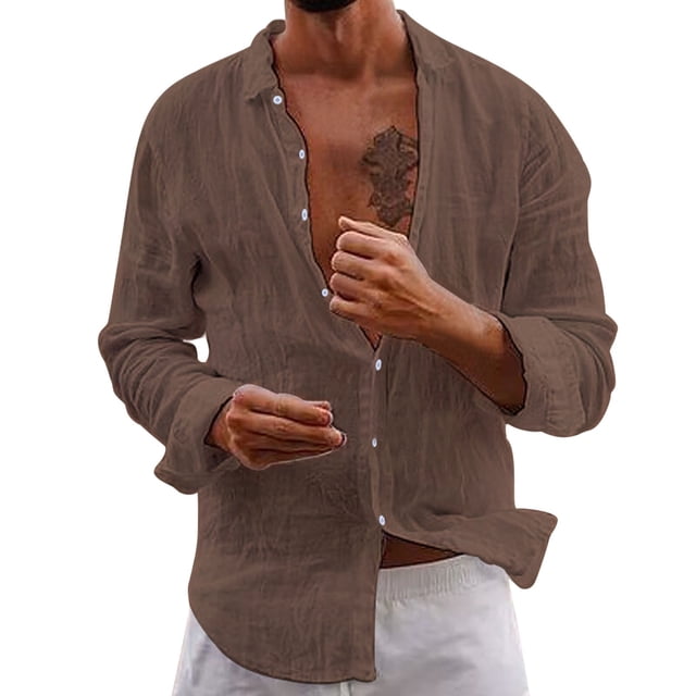 Camisas Y s Camisa abotonada informal delgada para hombre Camisa de playa de manga larga Camiseta para hombre (Brown, 3XL)