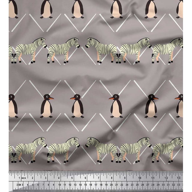 Soimoi Gray Rayon Crepe Fabric Penguin & Stripe Animal Printed Fabric 1 Yard 46 Inch Wide