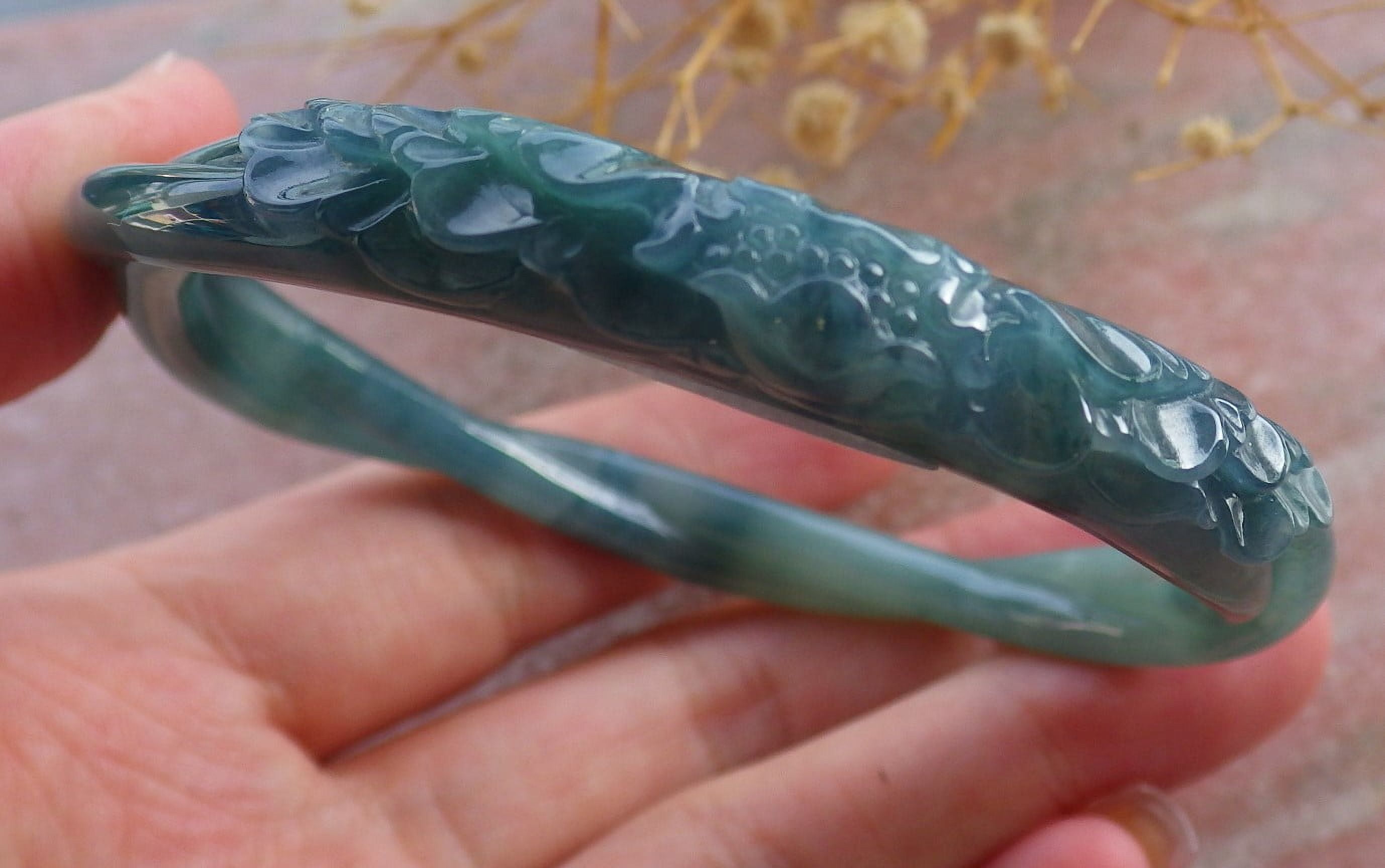 Icy Green Pale Lavender Natural A JADE Jadeite Flower Knotted Bangle Bracelet 59 mm 683647 TN
