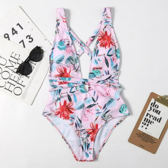 Women‘s V-neck Cross Waist Strap Printed One-piece Swimsuit