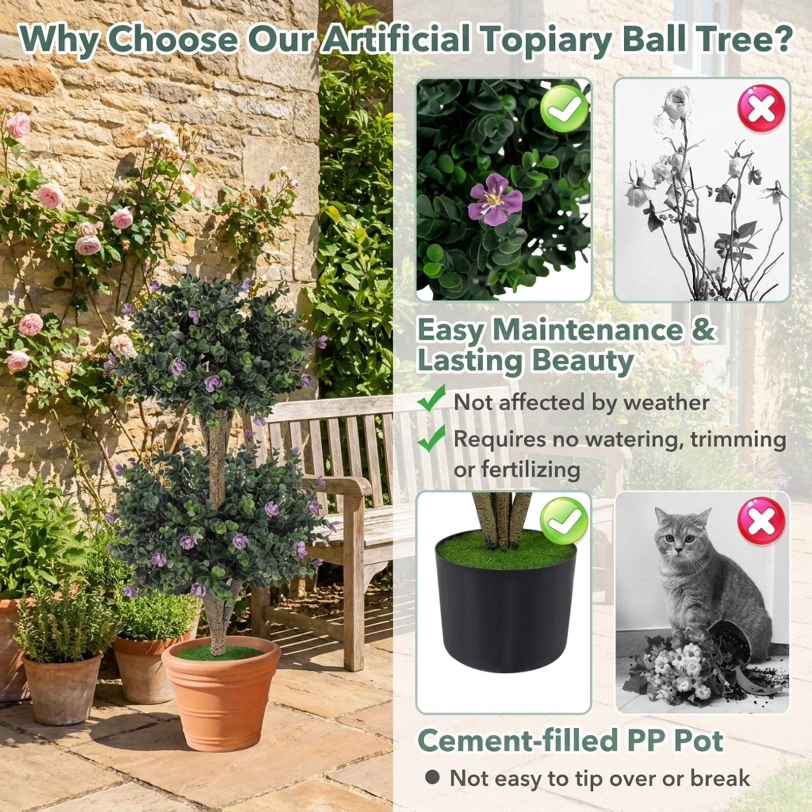 Vebreda Artificial Plant Decor, 2 Pack 36" Artificial Double Ball Boxwood Topiary Tree with 41 Blossoms, Vivid and Lifelike Boxwood Tree