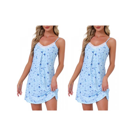 INSPIRE CHIC Women's 2 Pack Pajama Dress Lace Trim V-Neck Nightgown Adjustable Strap Silky Sleepwear Chemise Knee Length for Fall 2 Packs Blue Moon Small