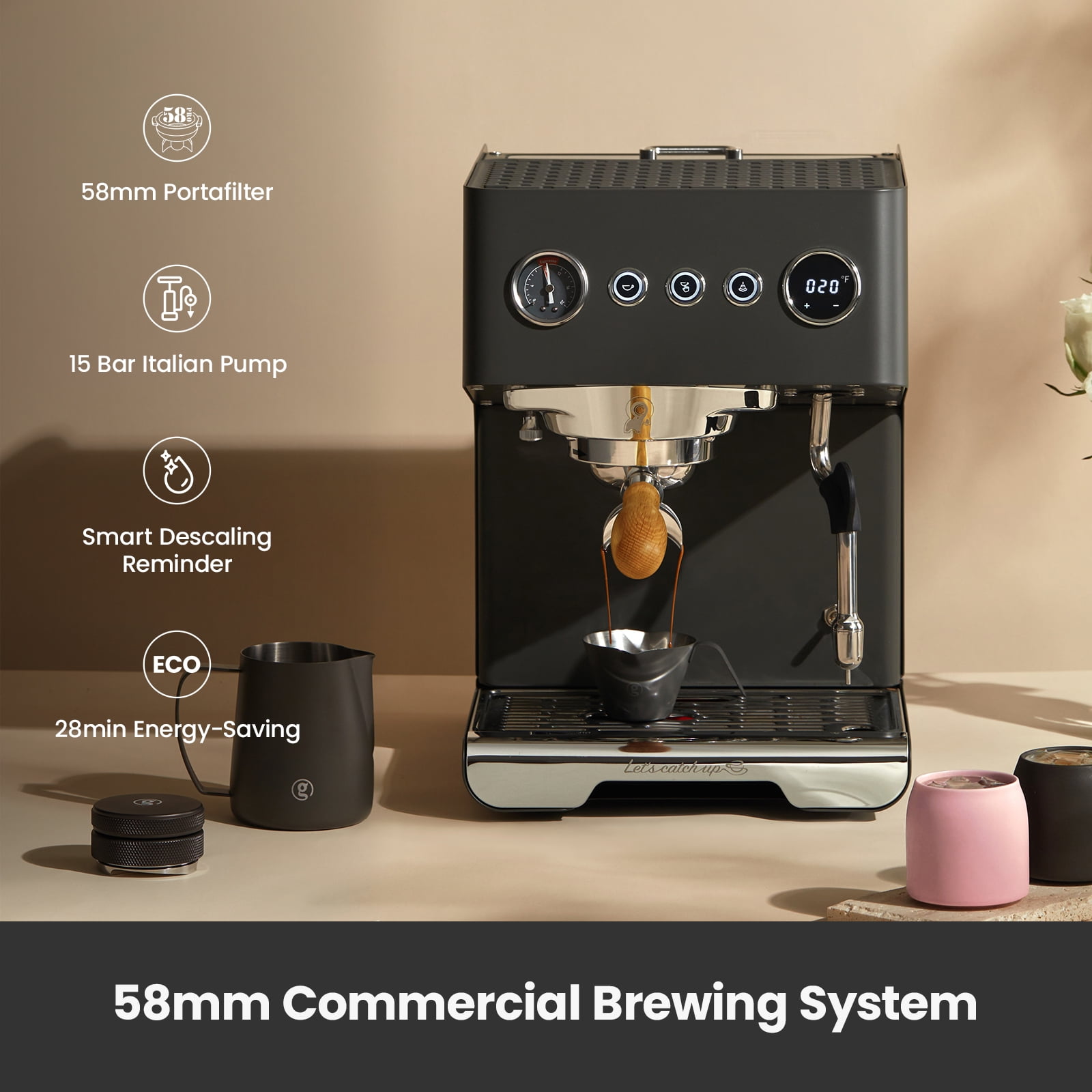 Gemilai G3028A Espresso Machine, 15 Bar Professional Coffee Maker with Adjustable OPV & Automatic Milk Frother, PID Temperature Control, 57oz Tank, 550ml Boiler for Cappuccino, Latte Grey