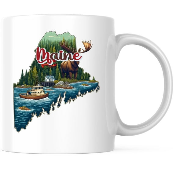 Bliss Monkey Co. Maine State Shape Coffee Mug - ME State Mug - Choose From 50 States - 11 Ounce Coffee Mug - Design Printed On Both Sides - Glossy Ceramic - Microwave & Dishwasher Safe - BMCM01256