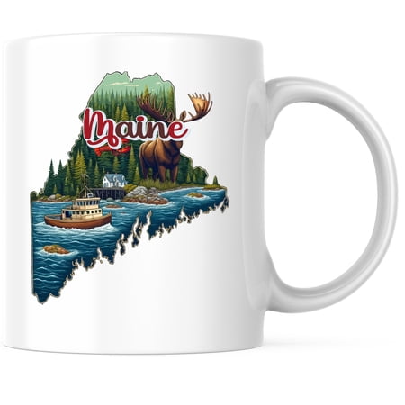 Bliss Monkey Co. Maine State Shape Coffee Mug - ME State Mug - Choose From 50 States - 11 Ounce Coffee Mug - Design Printed On Both Sides - Glossy Ceramic - Microwave & Dishwasher Safe - BMCM01256