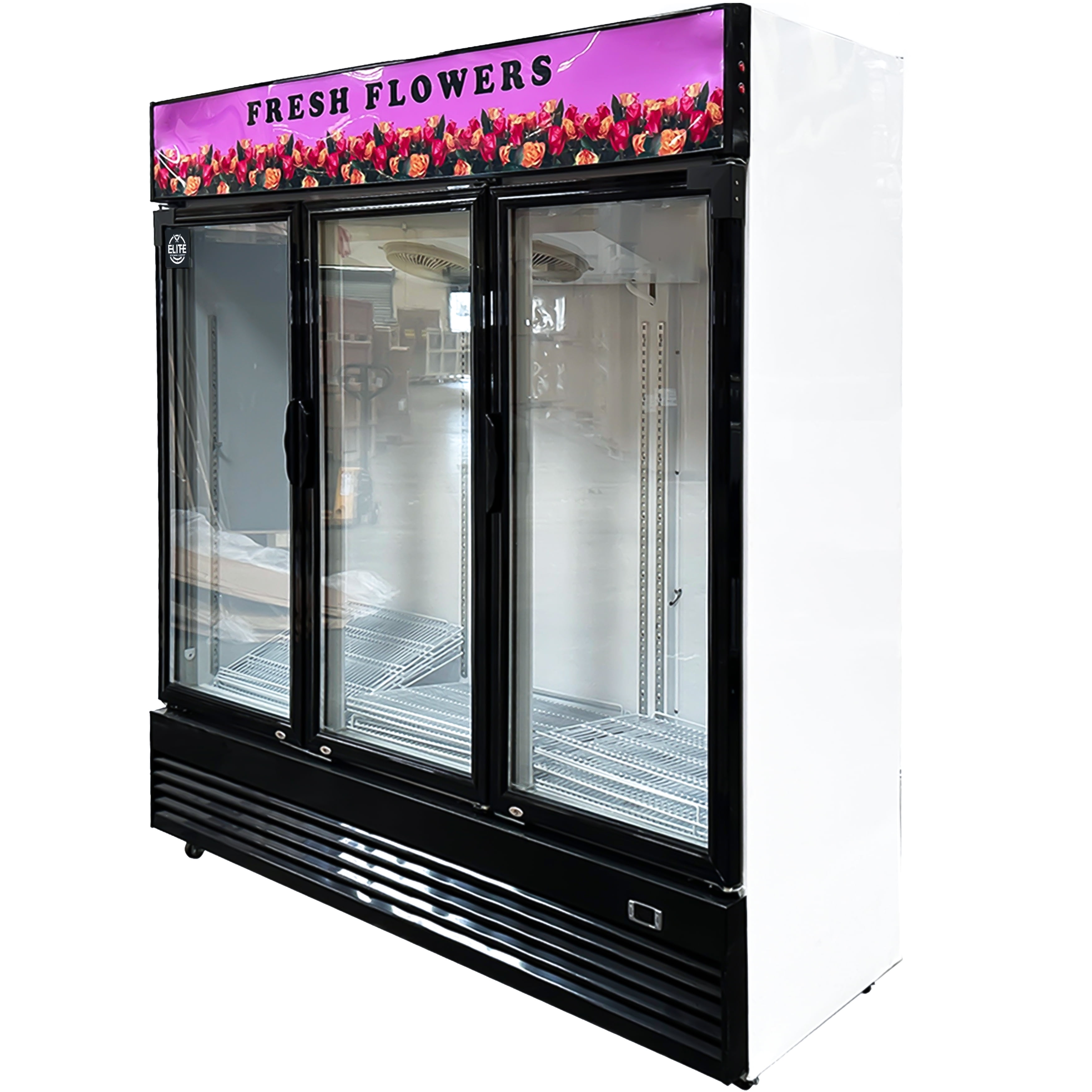 Elite Kitchen 75in Stainless Double-Tempered Glass Door Floral Cooler, 59 Cu.Ft. Commercial Refrigerator