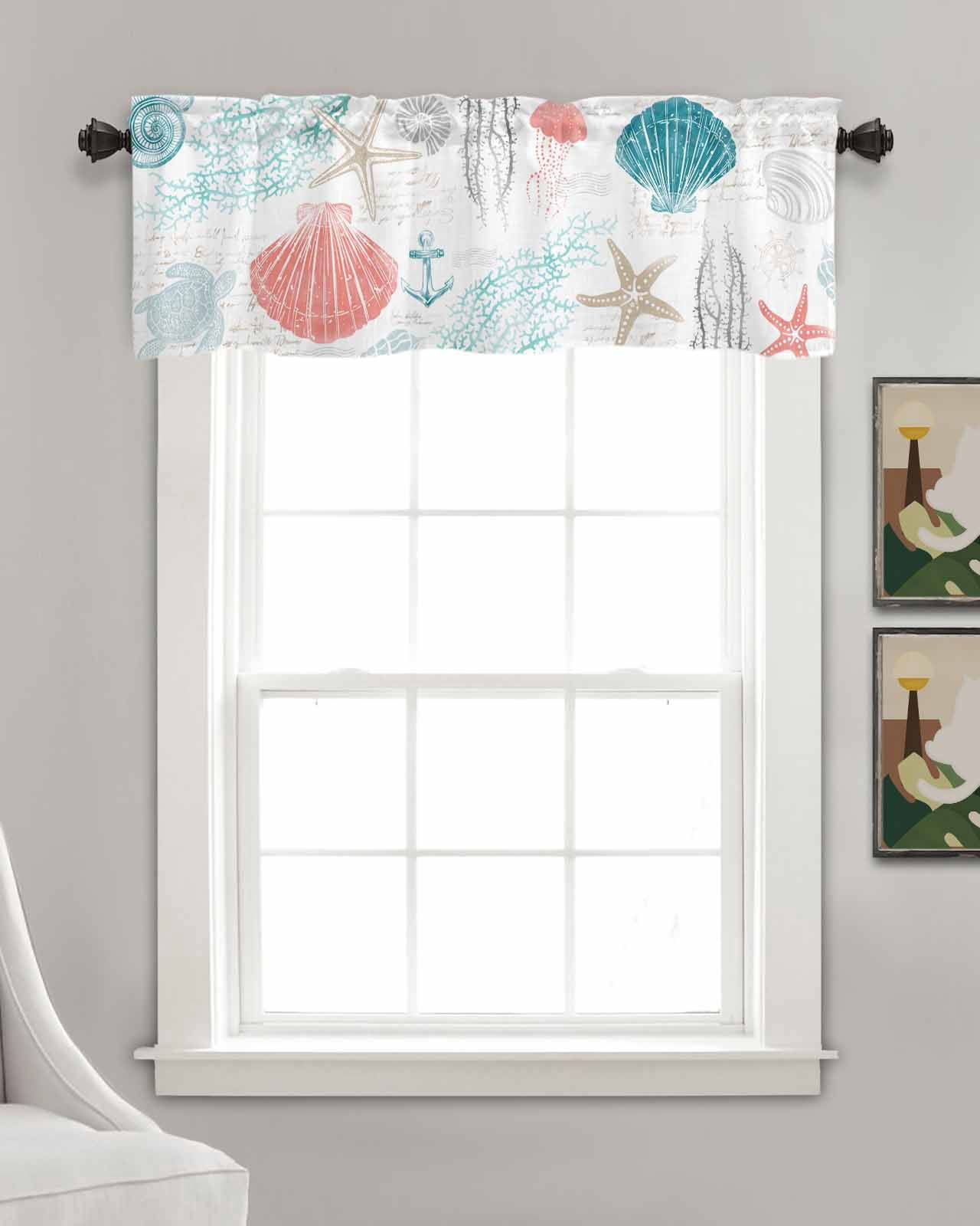 Coastal Coral Red Linen Curtain Valance for Bedroom/Bathroom/Kitchen/Living/Dining Room Window,Nautical Ocean Turtle Teal Starfish Conch Pocket Topper Drapes Decorative Cafe Drapery Panel 42"x18"