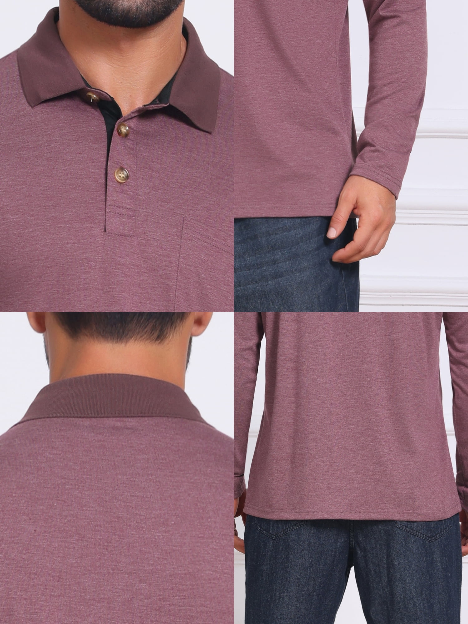 DARING DIVA Men's Contrast Button Collared Long Sleeves Golf Polo T-Shirts XL Burgundy