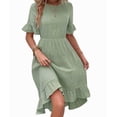 thumbnail image 3 of Women'S Short Sleeve Dresses High Waist Round Neck Solid Flounce Sleeve Ruffle Dress Bean Green S, 3 of 8