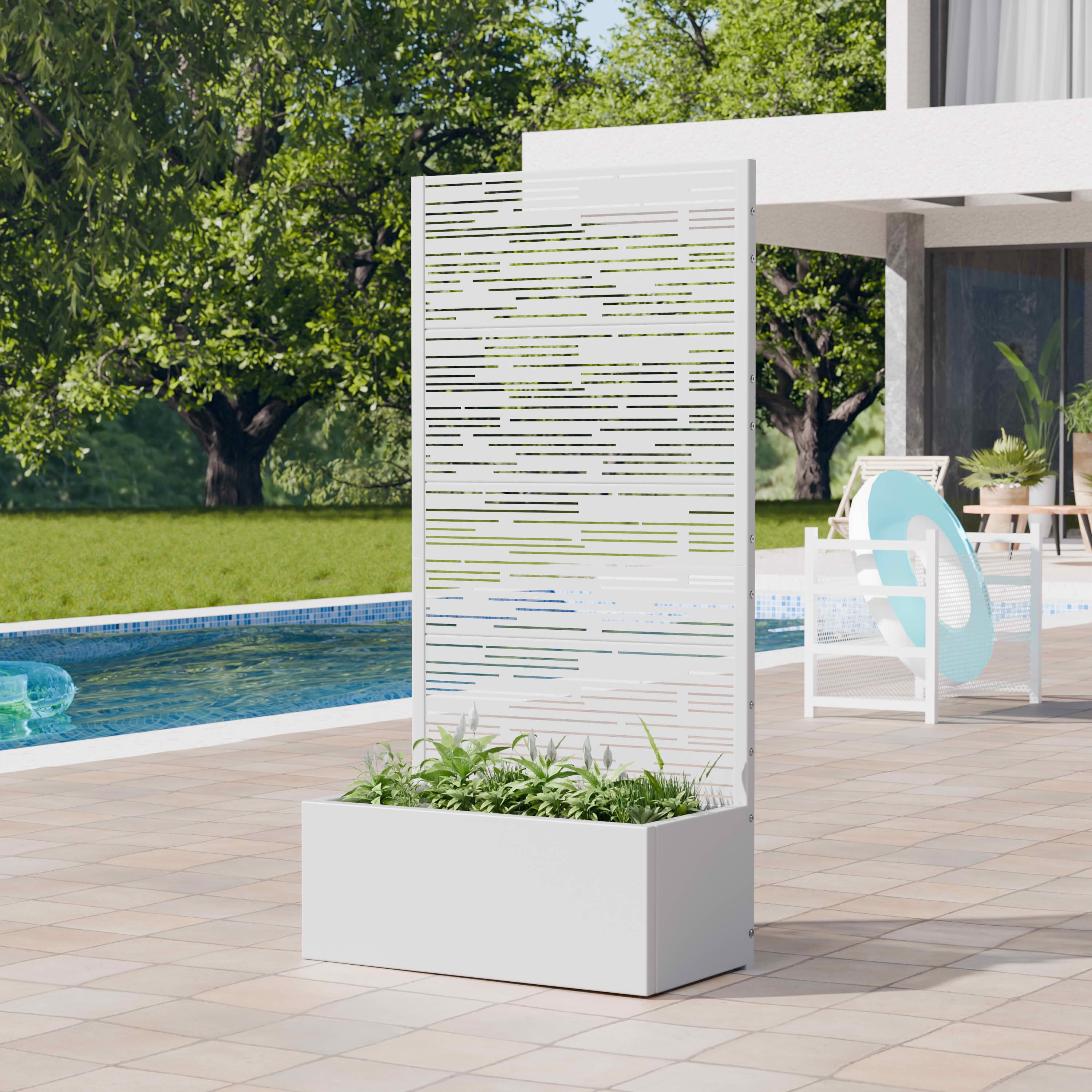 MAYEERTY 59X30" Metal Outdoor White Privacy Screen with Planter Box for Backyard & Garden, 4 Piece Set