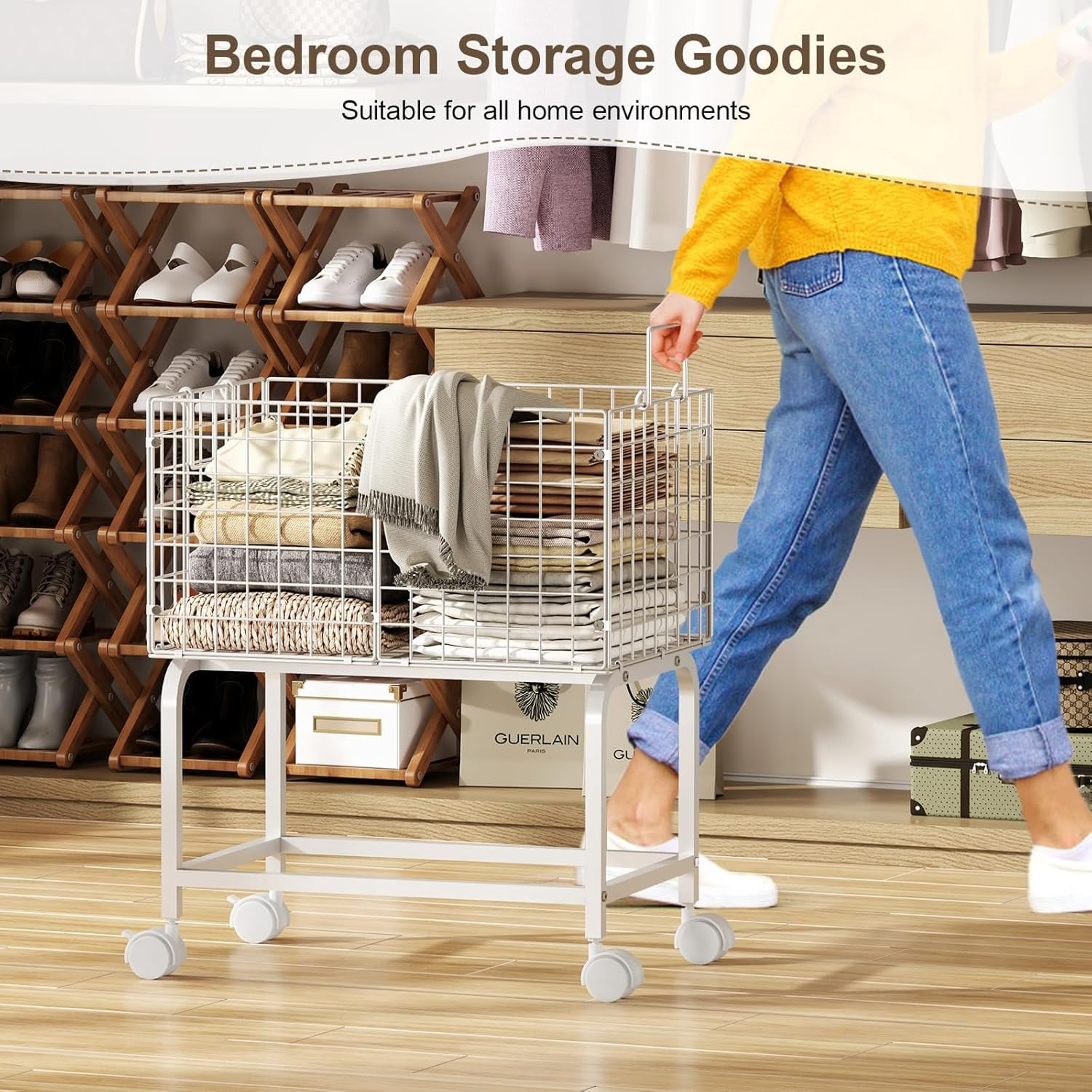 Wire Laundry Hamper Cart,Rolling Laundry Carts with Pull Handle,Black Tall Laundry Basket,Commercial Wire Laundry Hamper Cart-23.6 * 15.75 * 28 inches