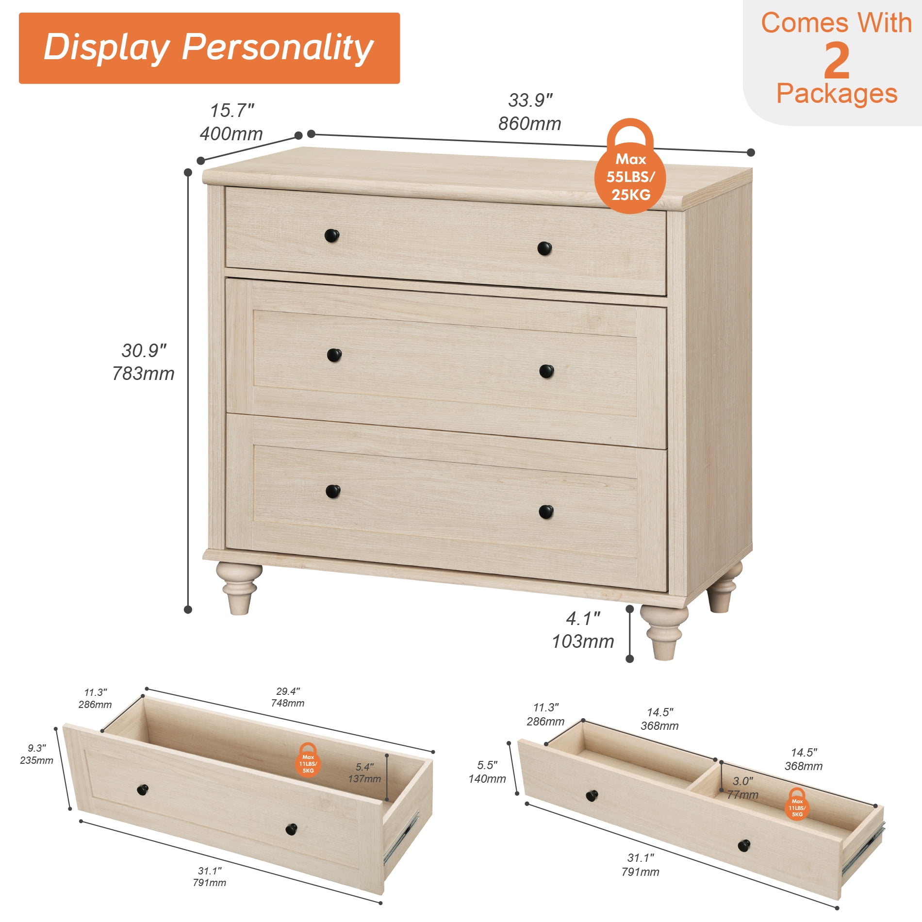 Set of 2 Farmhouse 3-Drawer Nightstands, Large Wooden Bedside Tables, Wide Sofa Side End Tables with 3 Drawers, Chest of Drawers for Living Room and Bedroom, Beige, 34 Inches