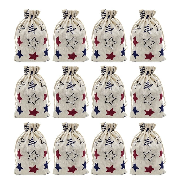 12 bolsas de dulces con cordón y bandera patriótica estadounidense para el Día de la Independencia.