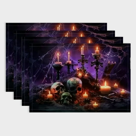

BCIIG Halloween Spider Web Placemats Skull Bats Candles On Purple Washable Linen Table Mats for Kitchen Table Double Insulation Decor Dining Set Indoor Outdoor Set of 4 18x12in