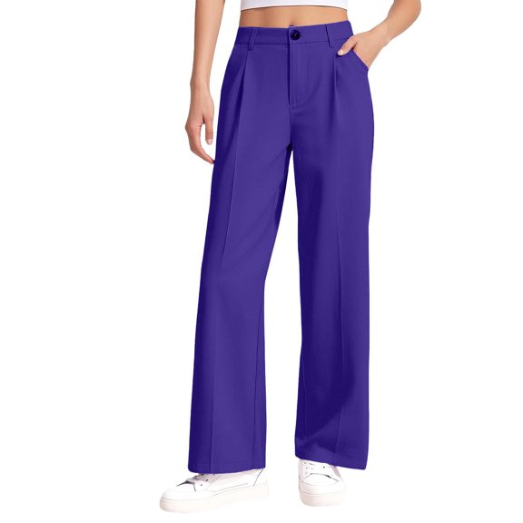 Resicozy School Uniform Pants for Girls Wide Leg High Waist Dress Trousers with Pockets, Back To School Clothing Button Trousers 5-14 Years Purple 130
