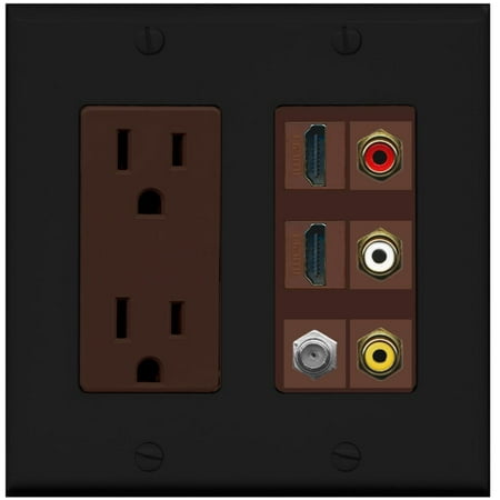 Powered Coax Cable RiteAV - 2 x 15 Amp 125V Power Outlet 3 x RCA - 2 X HDMI and 1 x Coax Cable TV Port Wall Plate - Black/Brown ()