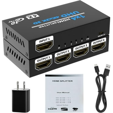 HDMI Splitter 1 in 4 Out, HDMI Splitter Audio Video Distributor Box with AC Adaptor Support 3D & 4K x 2K Compatible for HDTV, STB, DVD, PS3, Projector Etc