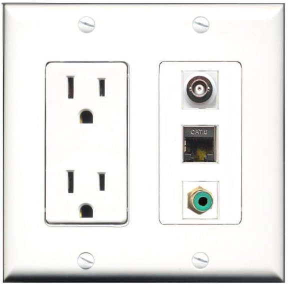 RiteAV - 15 Amp Power Outlet 1 Port RCA Green 1 Port Shielded Cat6 Ethernet Ethernet 1 Port BNC Decorative Wall Plate