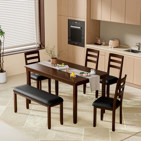 Lacoo Modern Simple Solid Wood Dining Table Set 6-Piece, 1 Table 4 Chairs 1 Bench, Kitchen Dining Room Furniture Set, Multiple Colors Available
