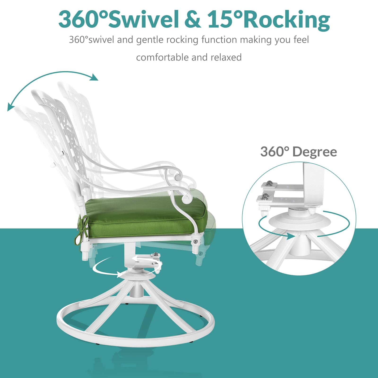 MEETWARM 2 Piece Patio Dinning Swivel Chairs Rocker, Outdoor All-Weather Cast Aluminum Chairs with Cushions, Patio Bistro Dining Chair Set for Garden Deck Backyard, White