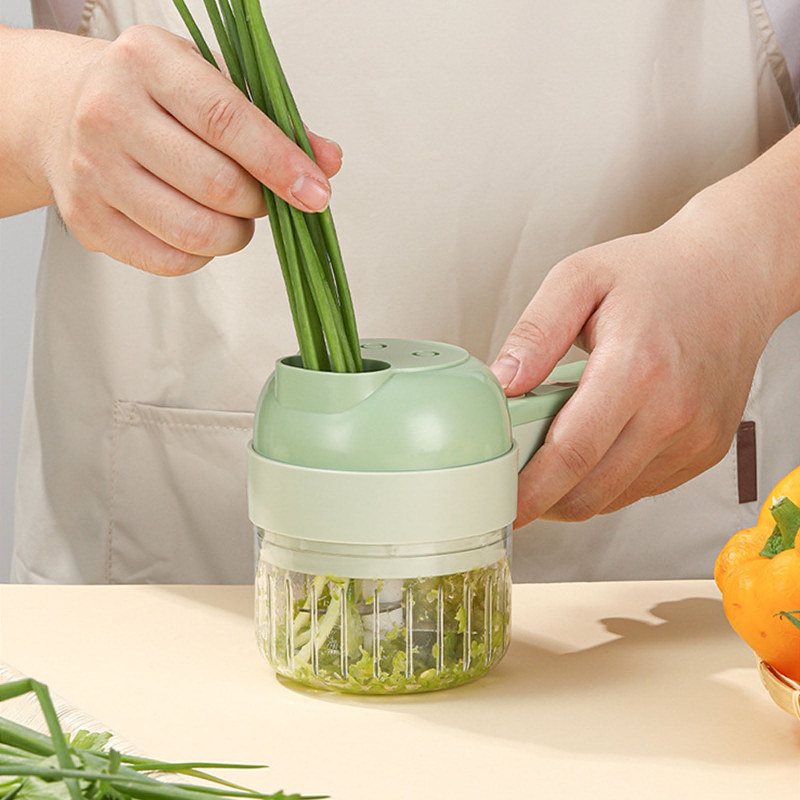 M Buder 4 in 1 Electric Vegetable Cutter, Handheld Wireless Food Processor and Mini Garlic Chopper (200ml / 6.76 oz), USB Rechargeable Onion Slicer with Cleaning Brush for Kitchen