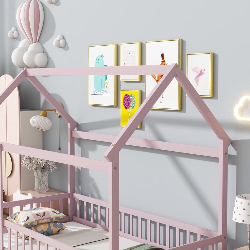 Twin Size House Floor Bed Frame,Wooden Montessori Floor Bed with Fence ,Pink