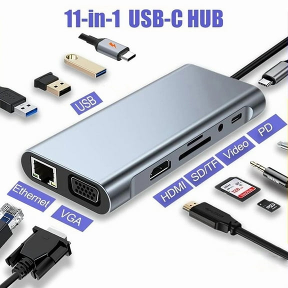 11-in-1 Multiport Laptop Docking Station with Dual Monitor Support, USB-C to HDMI Adapter,VGA, Gigabit, 100W PD, USB 3.0 Hub, SD/TF Card Reader, Audio- Compatible with MacBook, Type-C Devices