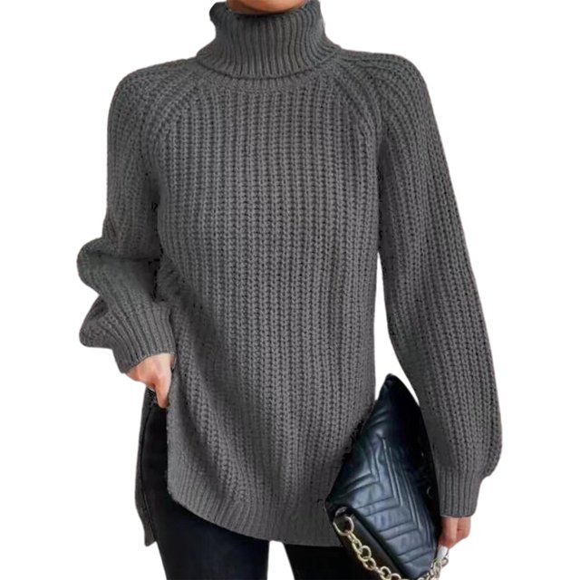 Innerwin Chandails à Col Roulé pour Femmes Chandail de Travail Manches Longues Ample Tricoté Gris Foncé S