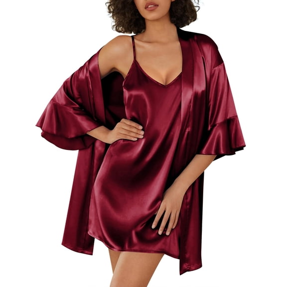 Ekouaer Womens Silk Robe Set 2-Piece Satin Bathrobe V-neck Bridal Party Robe