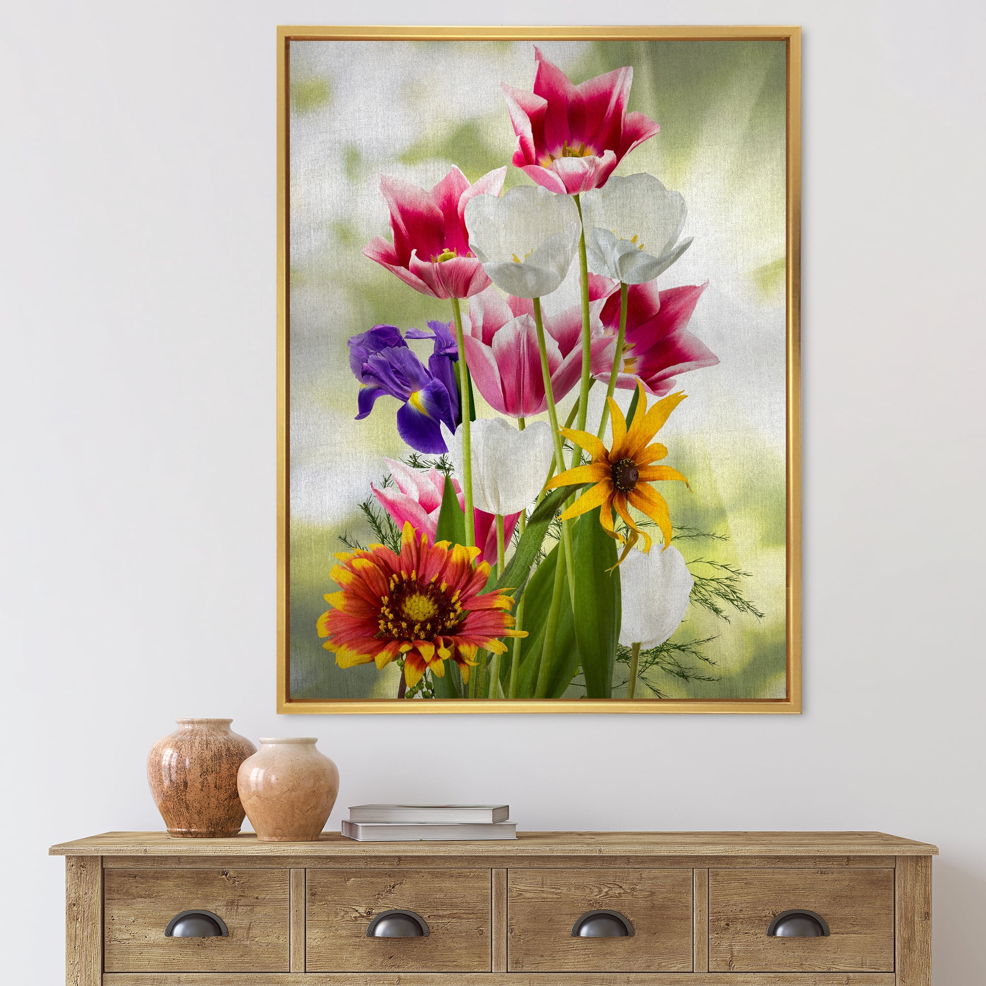 Designart 'Vibrant Purple Red and Yellow Wildflowers' Traditional Framed Canvas Wall Art Print