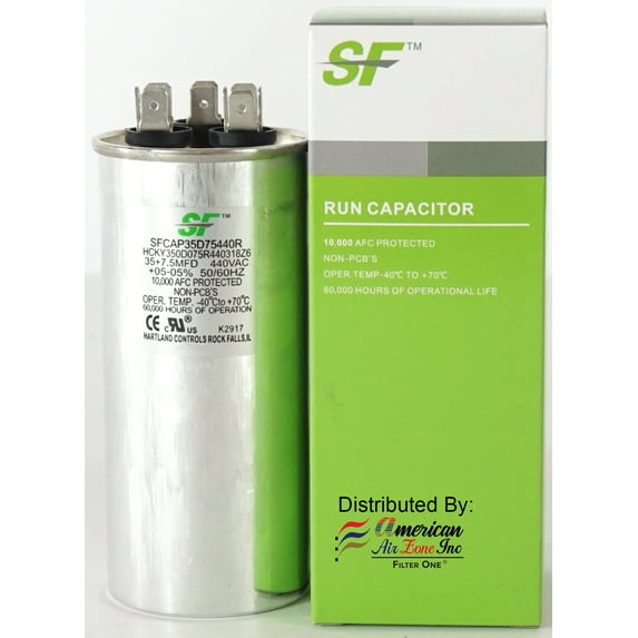TRANE SF Dual Run Capacitor - 35 + 7.5 MFD µF (MicroFarad) 370/440 Volts - (2-Pack) - Dual Run Capacitor (Round) - for AC Motors, Fans or AC Compressors (Replaces other Brands Capacitors)