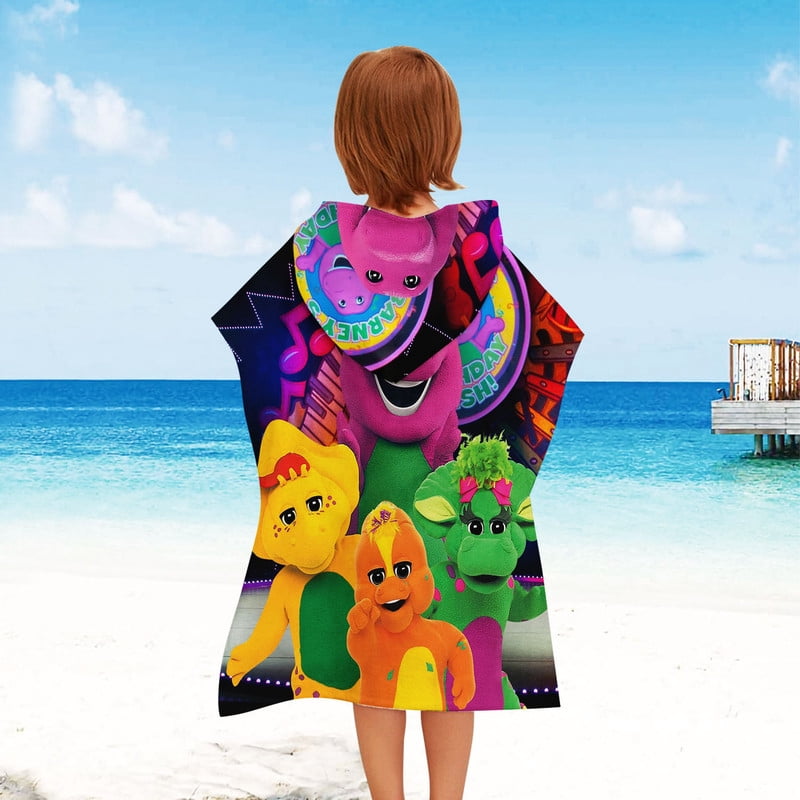 Barney & Friends Hooded Poncho Towels, Soft & Absorbent Microfiber Beach Towel, Swimming Pool Changing Robe Bathrobe Bath Towel