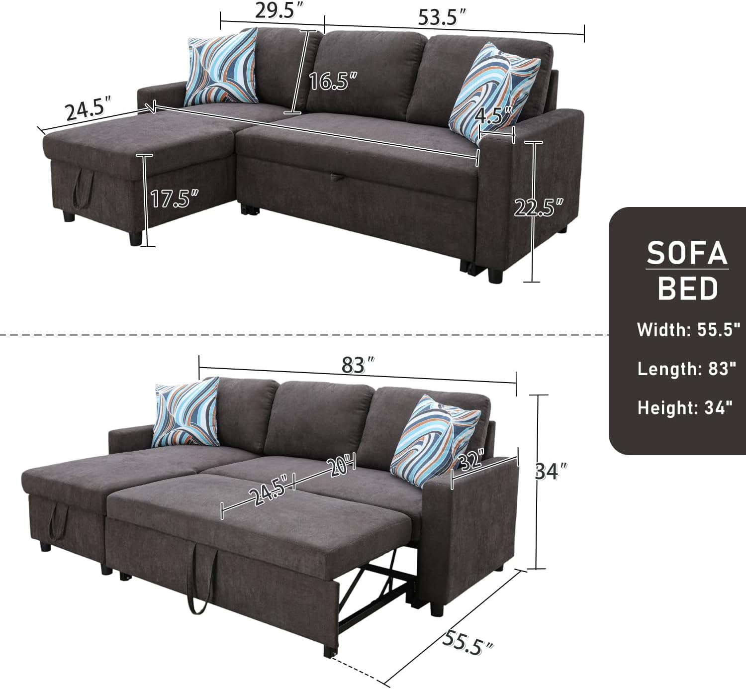 PonLiving 83" Reversible Sectional Sleeper Sofa with Storage Chaise Dark Brown Flannelette - Convertible L-Shaped Couch with Pull Out Bed