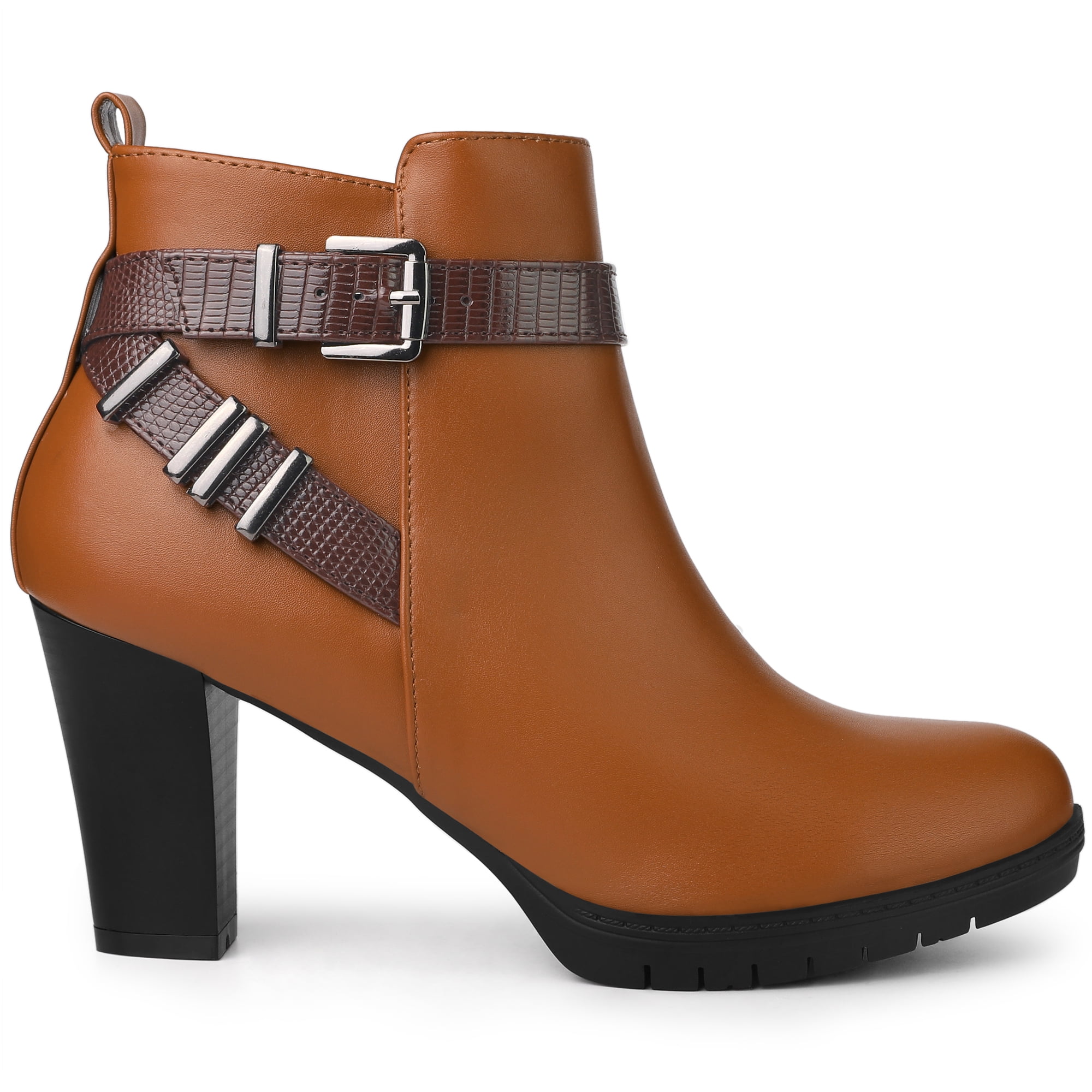 Unique Bargains Platform Block Heel Boots Buckle Ankle Boots for Women Brown 9.5