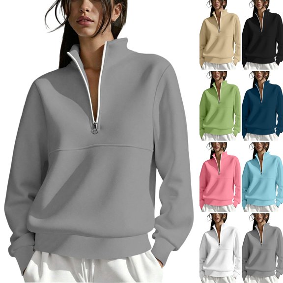 WULMLEO Quarter Zip Sweatshirt for Women Solid Long Sleeve Stand Collar Loose Fit Pullover 2026 Casual Fall Winter Soft Lightweight Tops Light Gray L